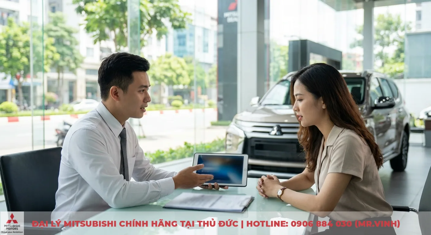 Nh&acirc;n vi&ecirc;n đại l&yacute; Mitsubishi tư vấn kh&aacute;ch h&agrave;ng về thời điểm ra mắt v&agrave; gi&aacute; Attrage 2026 tại TP.HCM