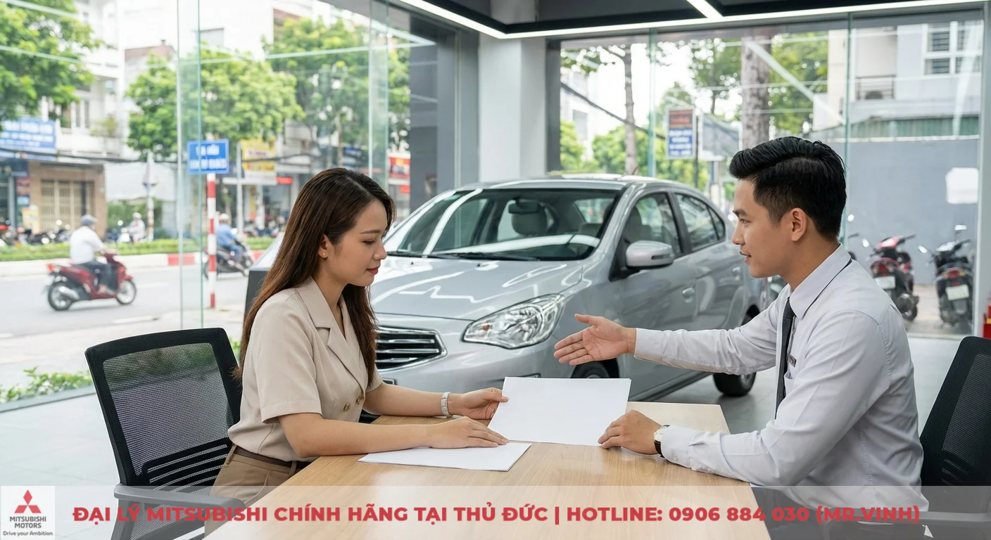 Kh&aacute;ch h&agrave;ng đang được tư vấn về xe Attrage 2026 tại showroom Mitsubishi Saigon