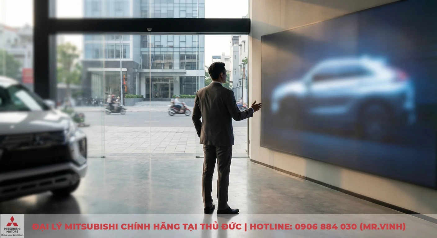 Người đ&agrave;n &ocirc;ng mặc vest đứng trong showroom, chỉ v&agrave;o m&agrave;n h&igrave;nh lớn chiếu h&igrave;nh ảnh xe hơi mờ ảo, cạnh xe trưng b&agrave;y v&agrave; đường phố