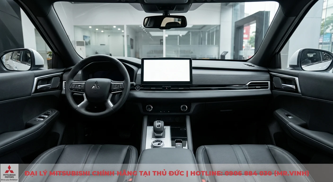 Nội thất xe Mitsubishi với v&ocirc; lăng c&oacute; logo, m&agrave;n h&igrave;nh giải tr&iacute; trung t&acirc;m lớn, cần số, bảng điều khiển v&agrave; ghế da đen