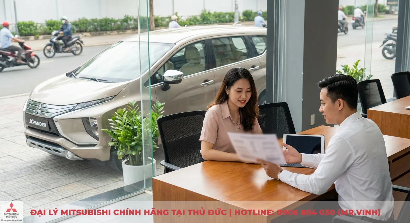 Hai người ch&acirc;u &Aacute; tại showroom &ocirc; t&ocirc; Mitsubishi, người đ&agrave;n &ocirc;ng tư vấn cho phụ nữ b&ecirc;n chiếc xe Xpander m&agrave;u be ngo&agrave;i cửa k&iacute;nh