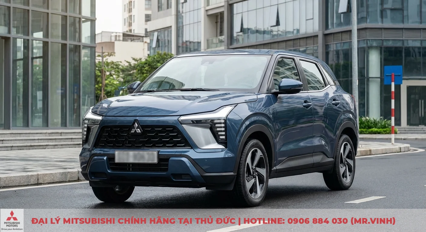 Mitsubishi Xforce 2026 m&agrave;u xanh với thiết kế Dynamic Shield hiện đại, lưới tản nhiệt v&agrave; đ&egrave;n LED đa tầng sắc sảo