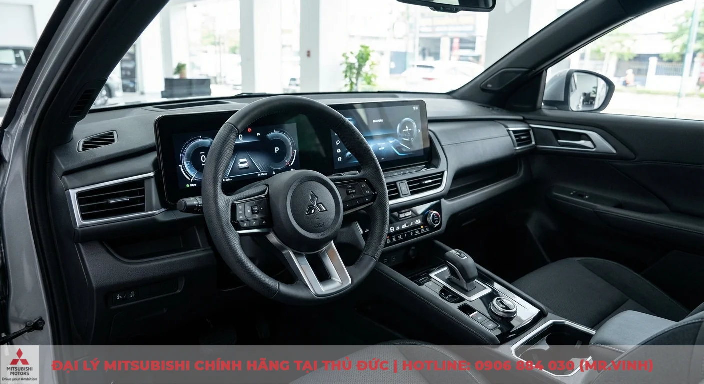 Khoang l&aacute;i Mitsubishi Xforce 2026 hiện đại với m&agrave;n h&igrave;nh k&eacute;p, v&ocirc; lăng đa chức năng bọc da thể hiện c&ocirc;ng nghệ tiện nghi