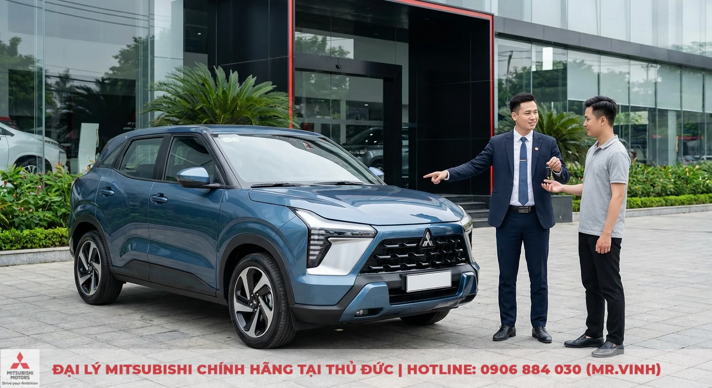 Trải nghiệm thực tế Mitsubishi Xforce 2026 m&agrave;u xanh, nh&acirc;n vi&ecirc;n đại l&yacute; b&agrave;n giao xe cho kh&aacute;ch h&agrave;ng