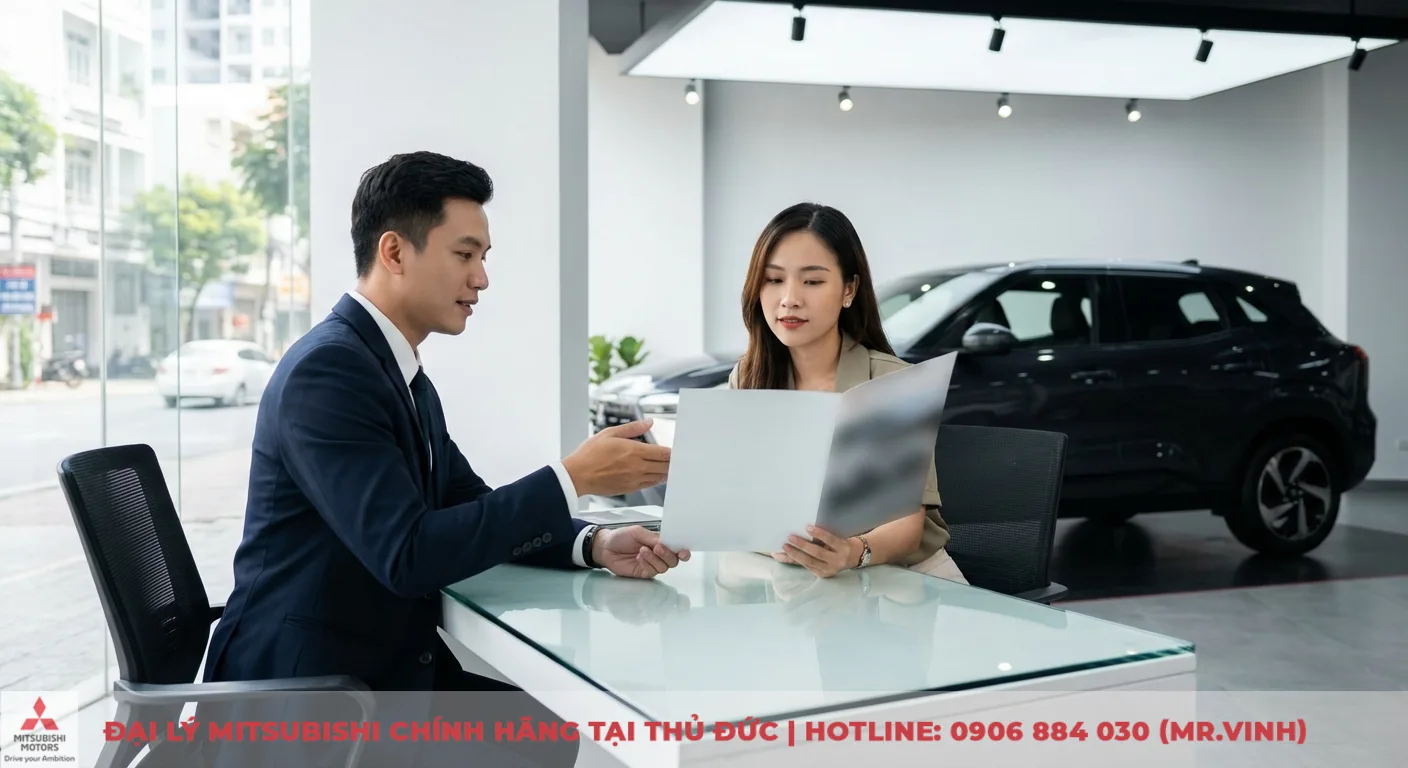 Tư vấn vi&ecirc;n giới thiệu mẫu Mitsubishi Xforce 2026 cho kh&aacute;ch h&agrave;ng, chuẩn bị cơ hội sở hữu sớm tại TP.HCM