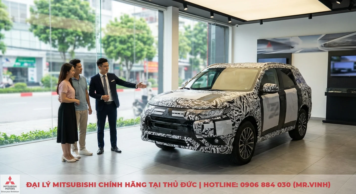 Hình ảnh Xpander Cross 2026: Cập nhật thiết kế, nội thất & ngoại thất 1 Mitsubishi Xpander Cross 2026 phiên bản thử nghiệm ngụy trang được nhân viên giới thiệu tại showroom hiện đại