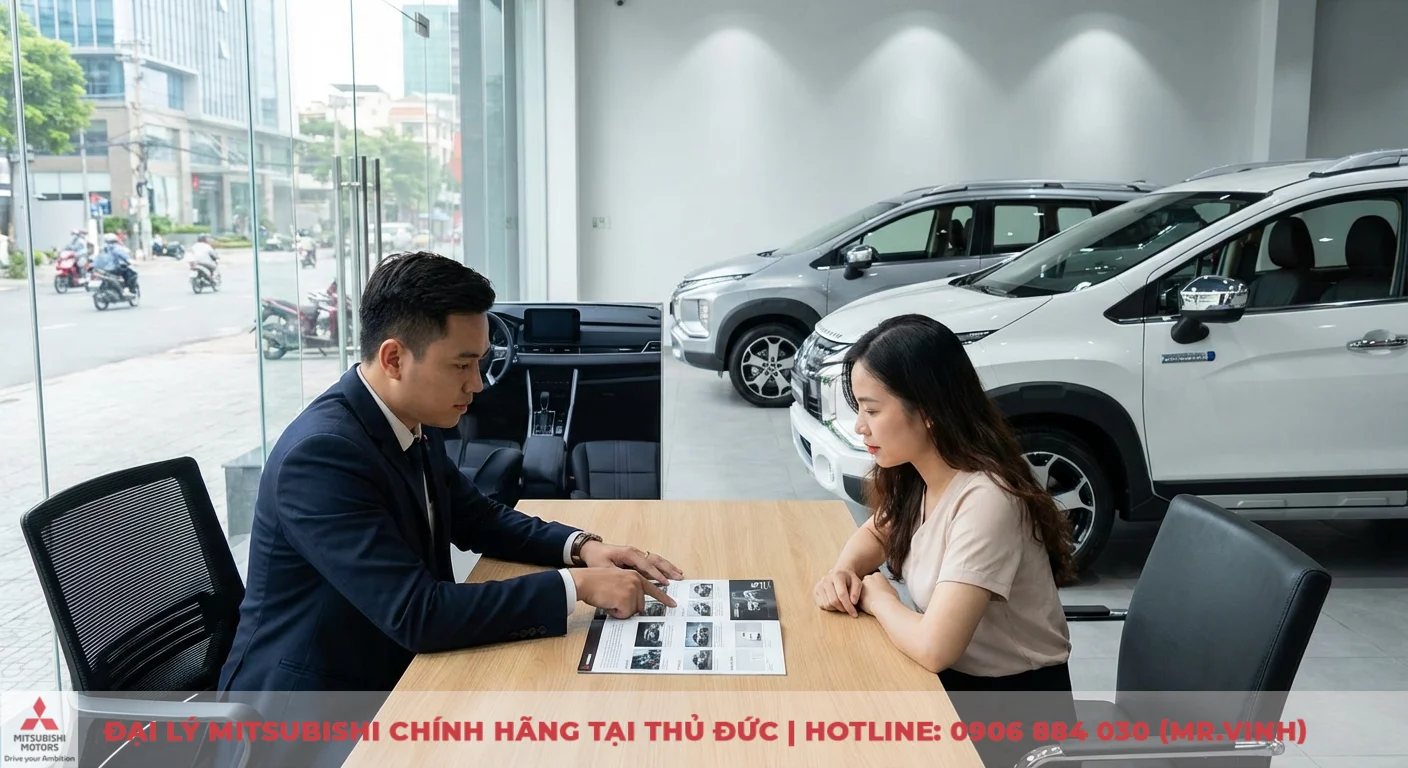 Hình ảnh Xpander Cross 2026: Cập nhật thiết kế, nội thất & ngoại thất 5 Nhân viên tư vấn giới thiệu chi tiết các phiên bản và trang bị xe Xpander Cross 2026 cho khách hàng tại showroom