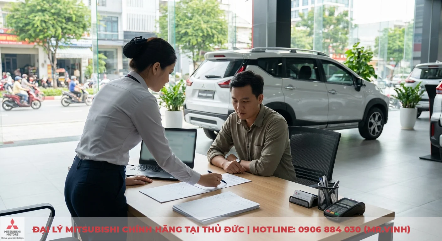 Hình ảnh Xpander Cross 2026: Cập nhật thiết kế, nội thất & ngoại thất 6 Nhân viên tư vấn hỗ trợ khách hàng thực hiện quy trình đặt cọc xe, ký kết hồ sơ ưu đãi tại showroom ô tô