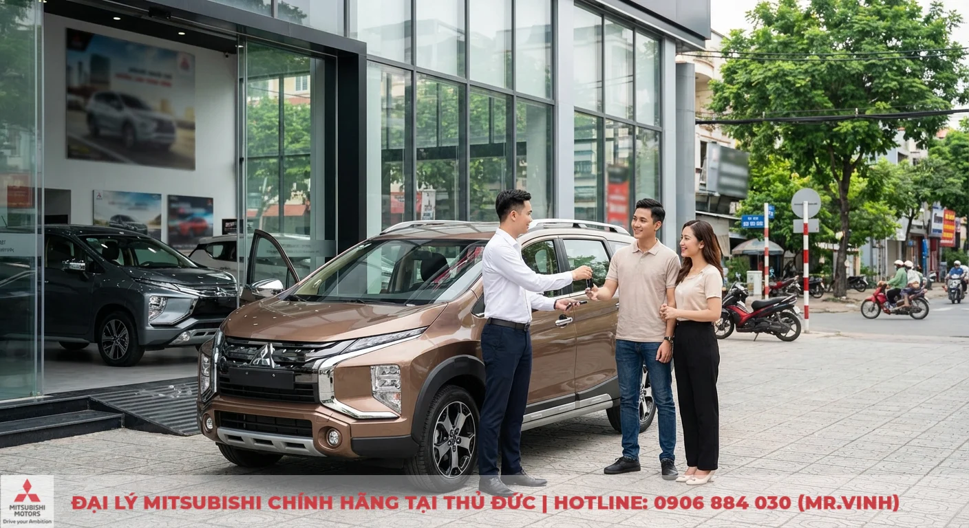 Hình ảnh Xpander Cross 2026: Cập nhật thiết kế, nội thất & ngoại thất 7 Khách hàng nhận chìa khóa xe Xpander Cross từ nhân viên tại showroom Mitsubishi để lái thử và trải nghiệm thực tế