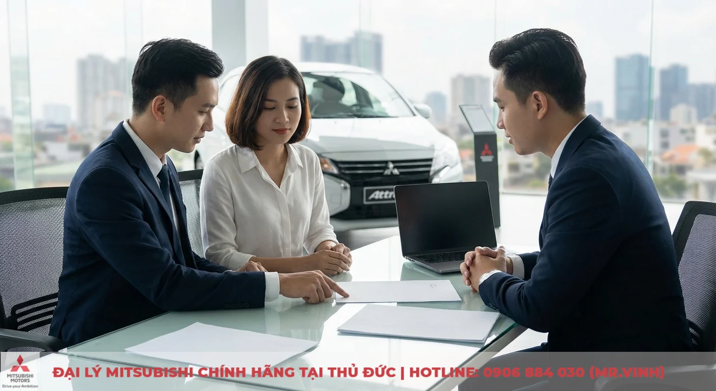 Kh&aacute;ch h&agrave;ng v&agrave; nh&acirc;n vi&ecirc;n đại l&yacute; Mitsubishi Attrage 2024 thảo luận ưu đ&atilde;i tiền mặt v&agrave; chi ph&iacute; tại TP.HCM