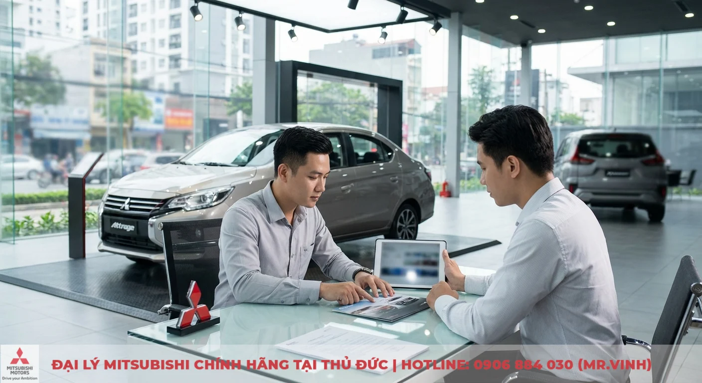Kh&aacute;ch h&agrave;ng t&igrave;m hiểu th&ocirc;ng tin v&agrave; ưu đ&atilde;i cho Mitsubishi Attrage 2026 tại b&agrave;n tư vấn trong showroom xe hơi