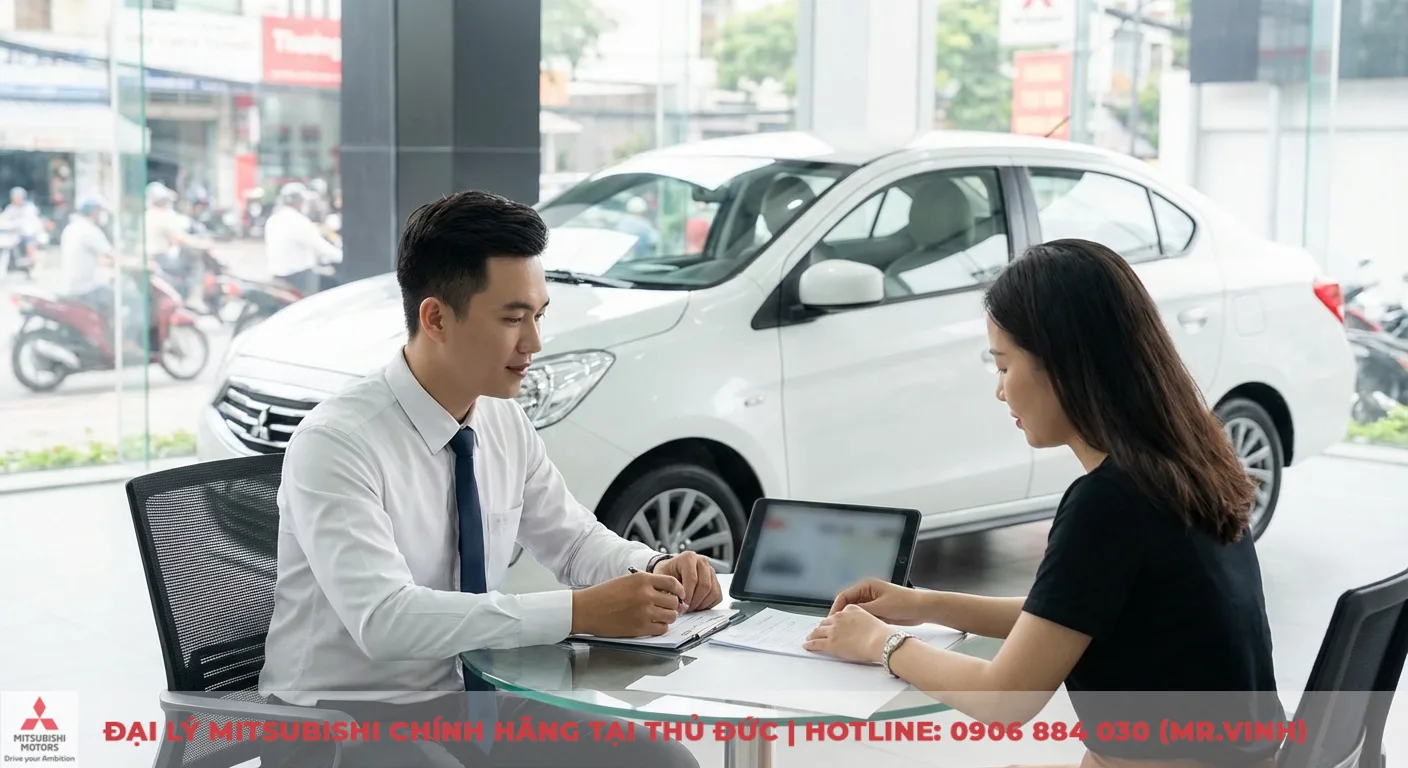 Kh&aacute;ch h&agrave;ng li&ecirc;n hệ nhận tư vấn ưu đ&atilde;i Attrage từ chuy&ecirc;n vi&ecirc;n Mitsubishi S&agrave;i G&ograve;n 3S tại showroom c&oacute; xe trắng