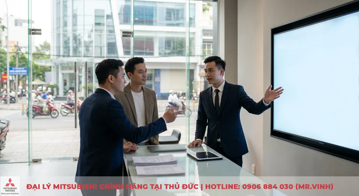 Ba doanh nh&acirc;n đang thảo luận trong văn ph&ograve;ng k&iacute;nh hiện đại, một người chỉ m&agrave;n h&igrave;nh trống lớn, b&agrave;n c&oacute; t&agrave;i liệu