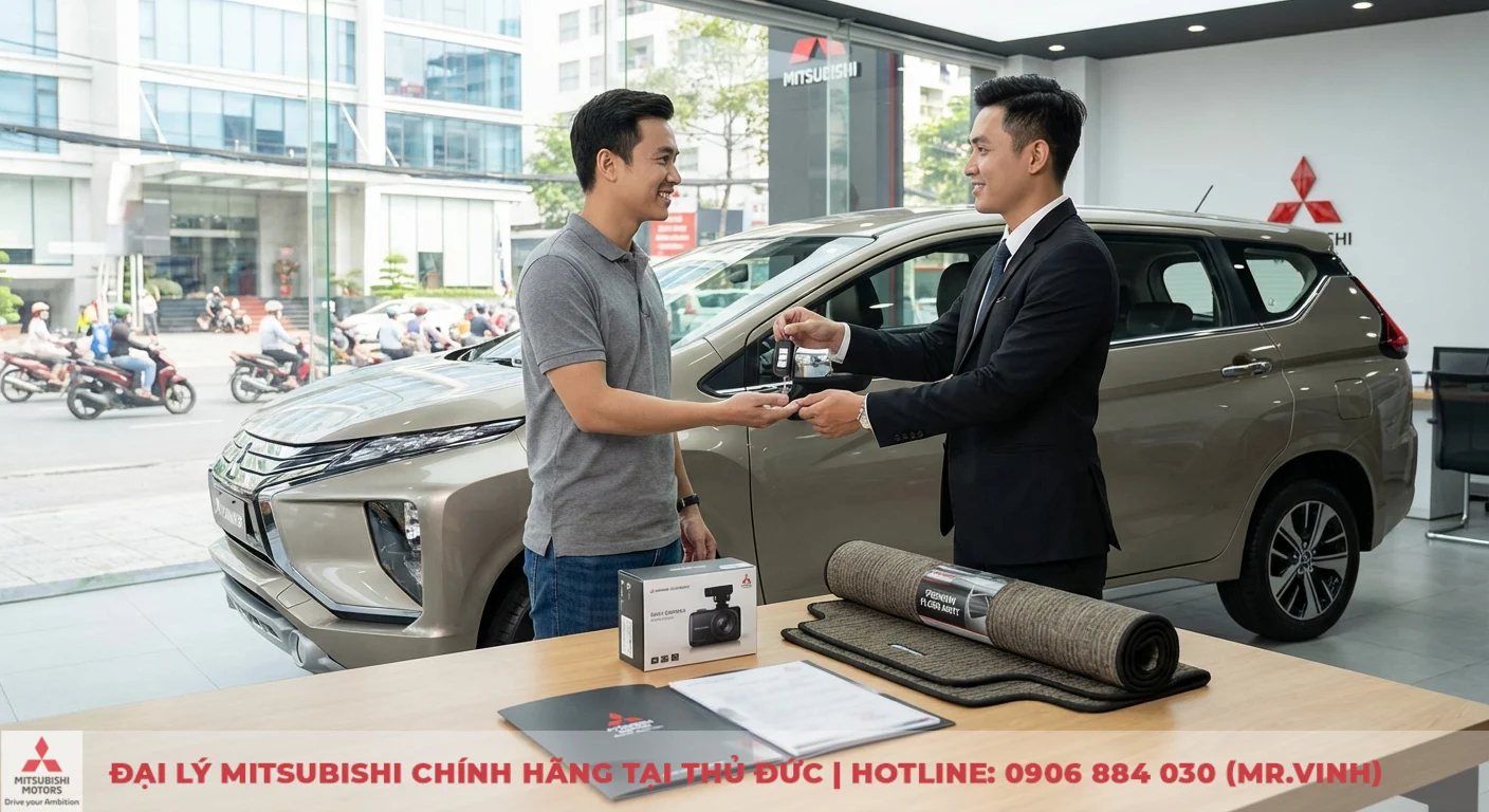 Người b&aacute;n h&agrave;ng Mitsubishi trao ch&igrave;a kh&oacute;a xe v&agrave; g&oacute;i phụ kiện gồm camera h&agrave;nh tr&igrave;nh, thảm s&agrave;n cho kh&aacute;ch tại showroom