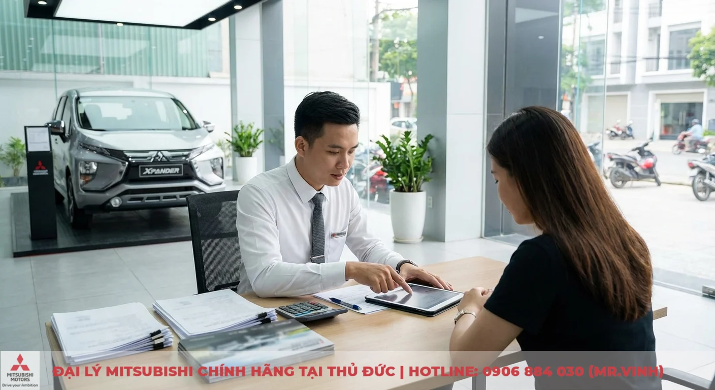 Cảnh showroom &ocirc; t&ocirc; với người tư vấn chỉ m&aacute;y t&iacute;nh bảng giải th&iacute;ch th&ocirc;ng tin cho kh&aacute;ch h&agrave;ng, c&ugrave;ng xe Mitsubishi Xpander v&agrave; giấy tờ tr&ecirc;n b&agrave;n