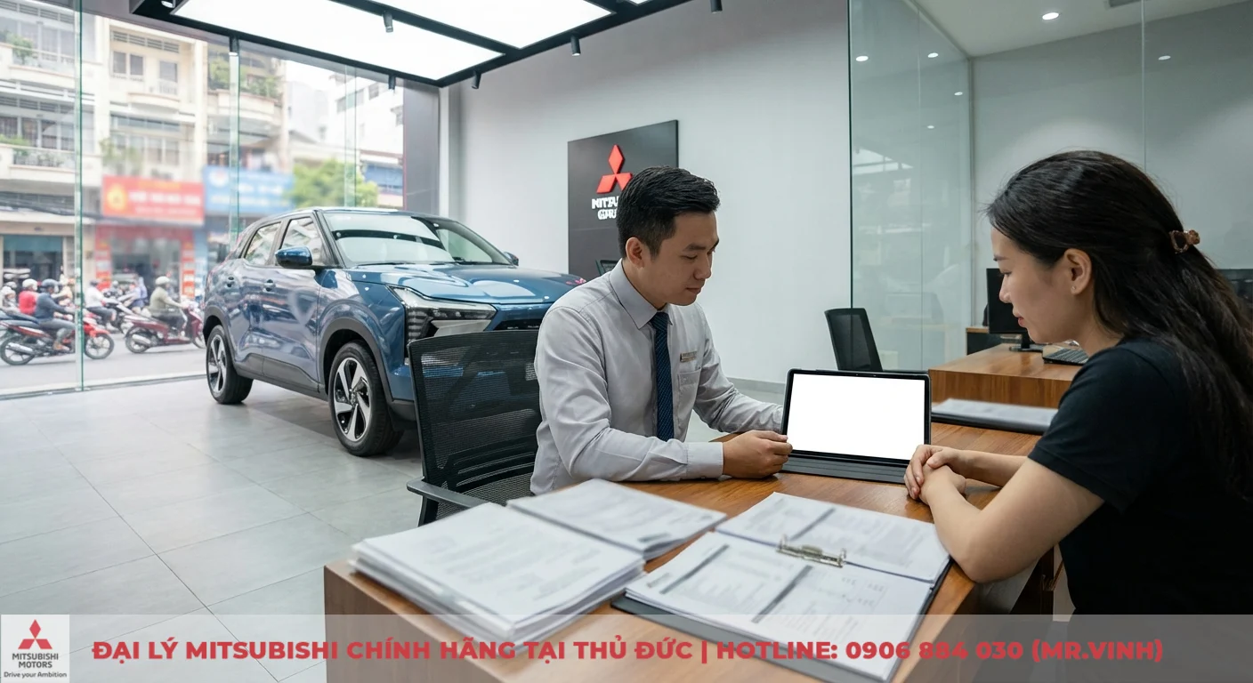 Khuyến mãi Mitsubishi Xforce 2026 – Ưu đãi mới nhất tại Saigon3S TP.HCM 1 Xe Mitsubishi Xforce 2026 màu xanh tại showroom Mitsubishi Saigon3S và nhân viên tư vấn khuyến mãi