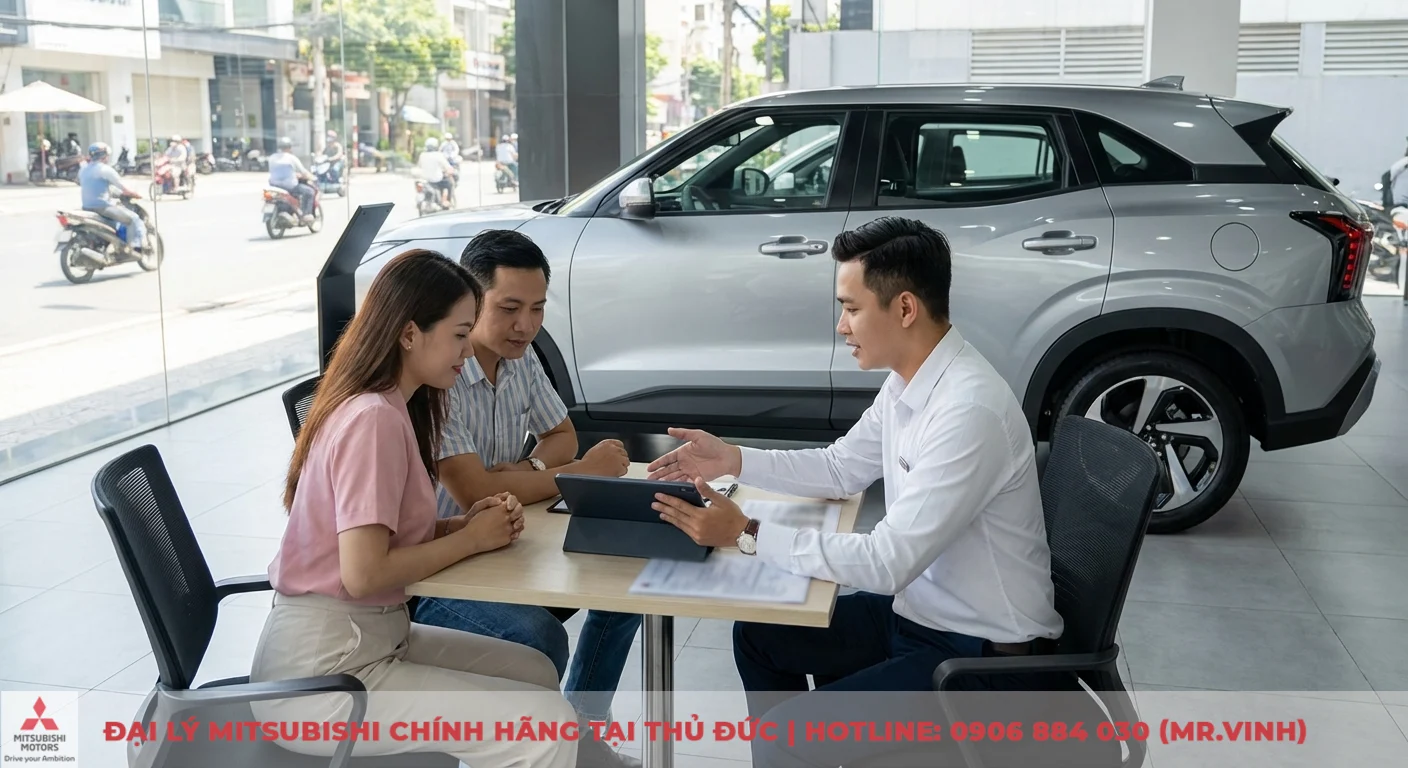 Khuyến mãi Mitsubishi Xforce 2026 – Ưu đãi mới nhất tại Saigon3S TP.HCM 3 Tư vấn viên Saigon3S đang giải thích quy trình nhận khuyến mãi và trả góp Xforce 2026 cho khách hàng tại showroom TP.HCM