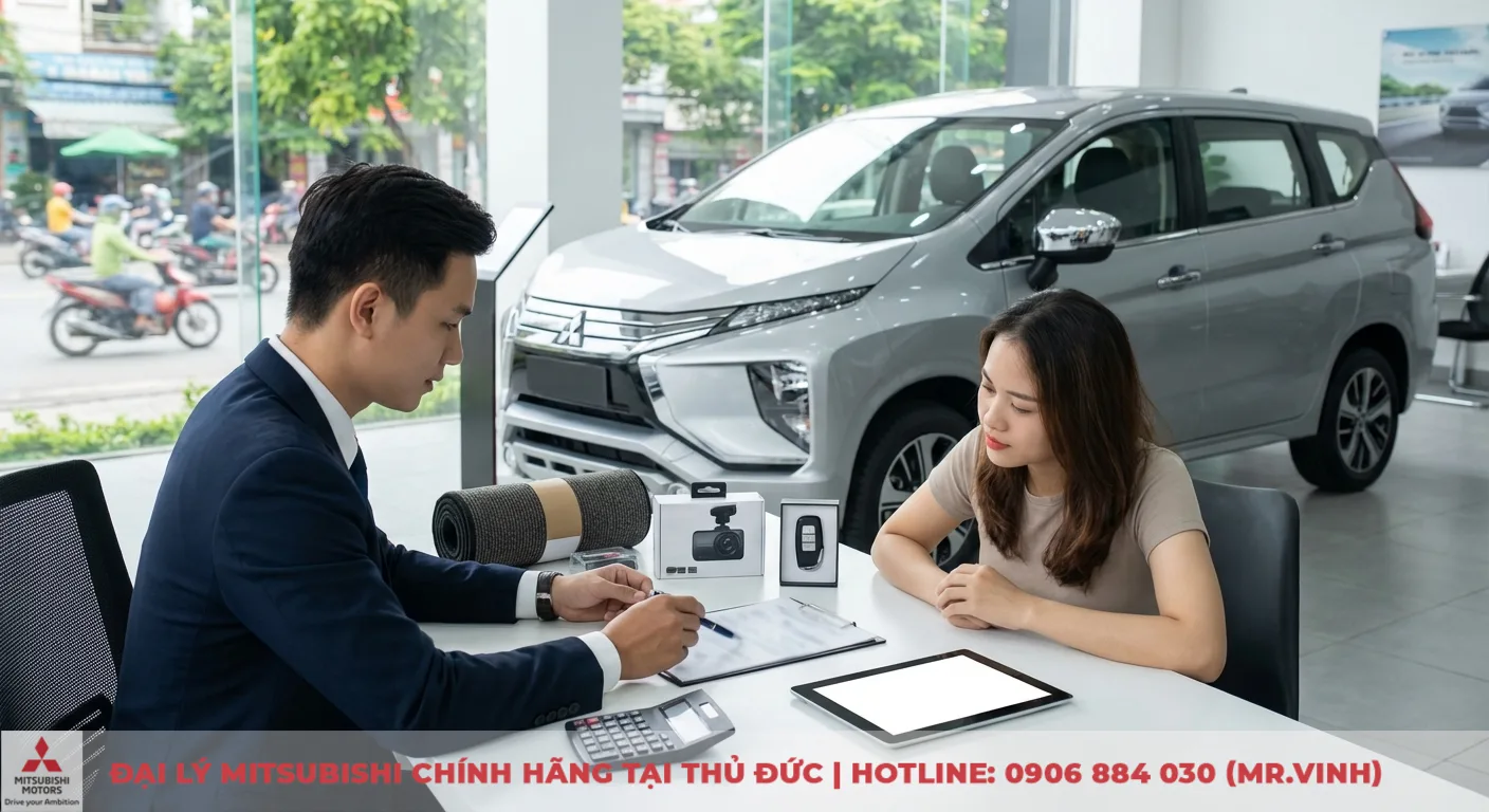 Nh&acirc;n vi&ecirc;n Mitsubishi Saigon 3S tư vấn kh&aacute;ch h&agrave;ng nữ về c&aacute;c g&oacute;i khuyến m&atilde;i Mitsubishi Xpander, k&egrave;m phụ kiện camera h&agrave;nh tr&igrave;nh v&agrave; thảm s&agrave;n