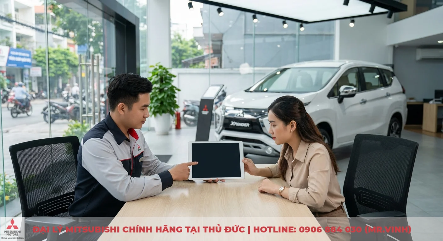 Nh&acirc;n vi&ecirc;n showroom tư vấn th&ocirc;ng tin về Mitsubishi Xpander 2026 tr&ecirc;n m&aacute;y t&iacute;nh bảng cho kh&aacute;ch h&agrave;ng