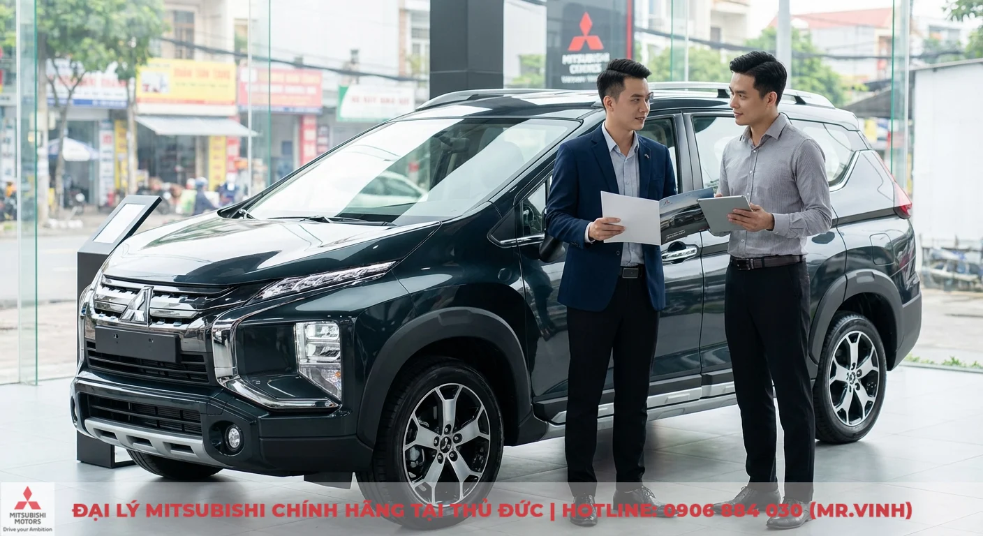 Mitsubishi Xpander Cross 2026 m&agrave;u xanh đen trưng b&agrave;y tại showroom, nh&acirc;n vi&ecirc;n đang tư vấn về xe v&agrave; c&aacute;c ưu đ&atilde;i