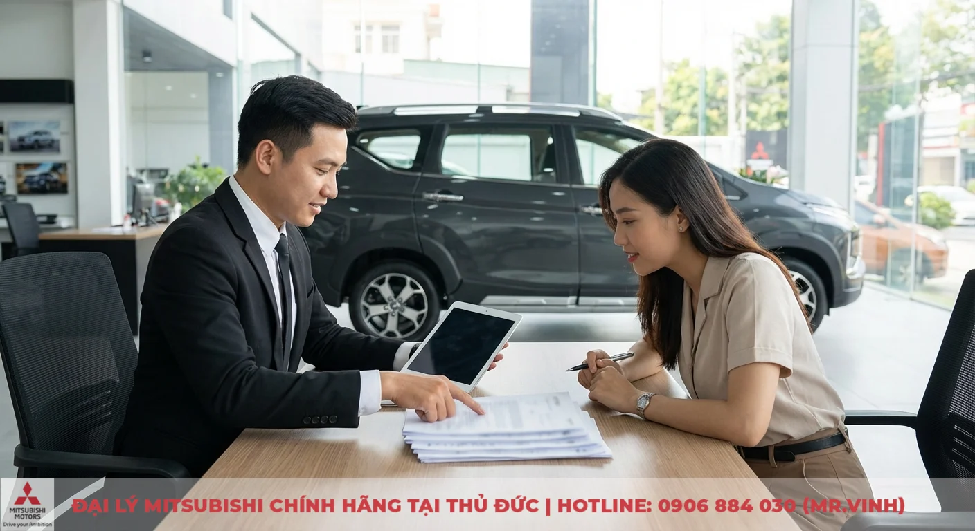 Người b&aacute;n h&agrave;ng tư vấn ch&iacute;nh s&aacute;ch trả g&oacute;p v&agrave; chi ph&iacute; lăn b&aacute;nh Xpander Cross 2026 tại TP.HCM cho kh&aacute;ch h&agrave;ng