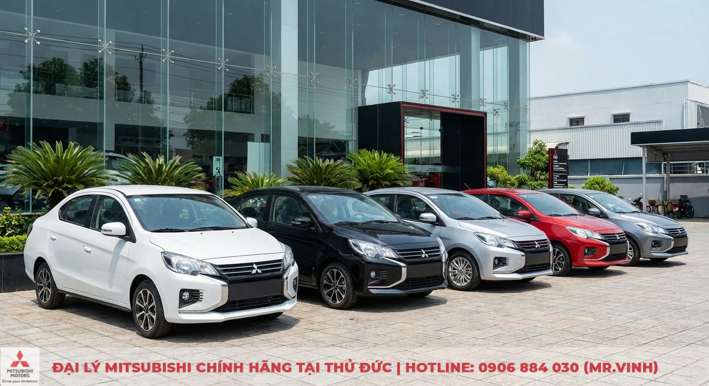 Màu xe Attrage 2026: Cập nhật các màu hot và chọn theo mệnh 1 Dòng xe Attrage các màu trắng, đen, đỏ, bạc và xám đang trưng bày, thể hiện các màu xe Attrage 2026 dự kiến