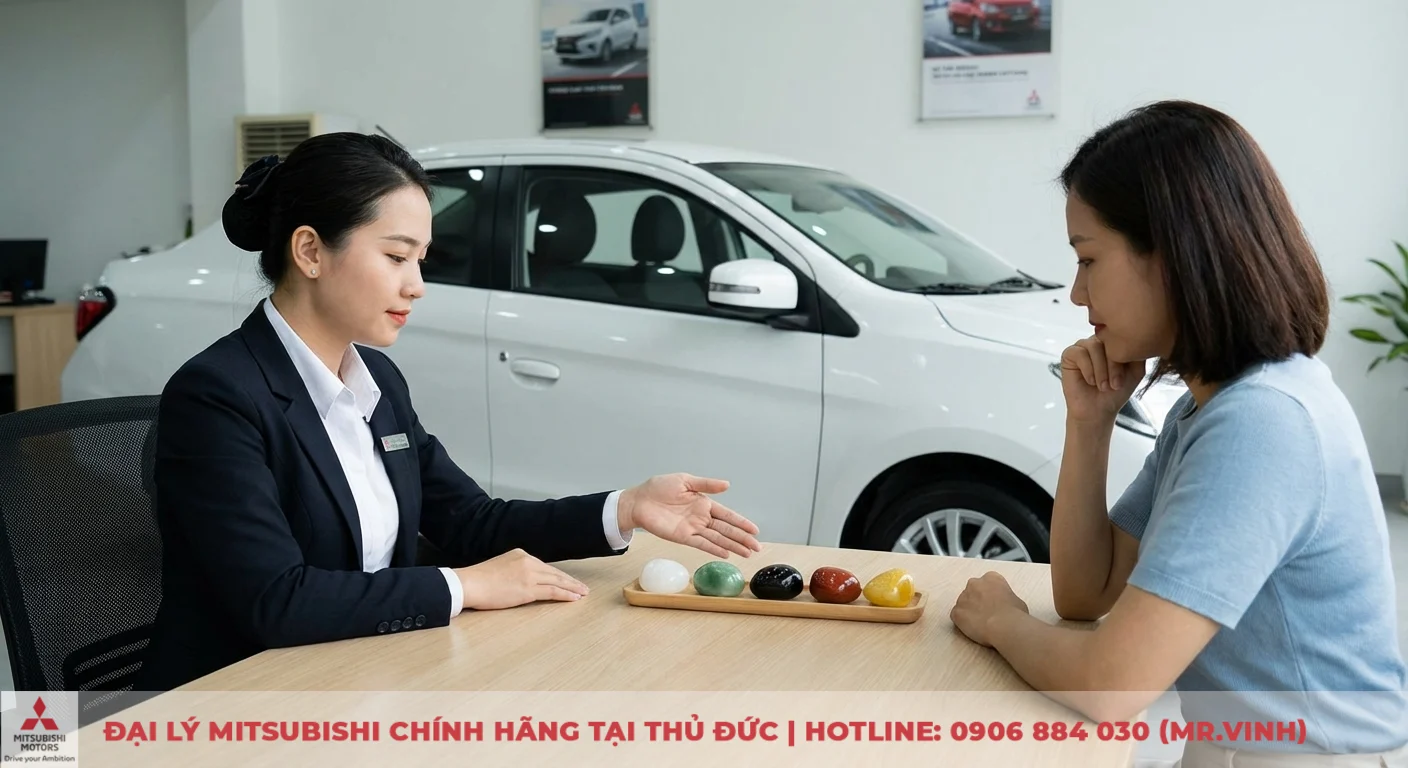 Màu xe Attrage 2026: Cập nhật các màu hot và chọn theo mệnh 2 Tư vấn viên giải thích chọn màu xe Attrage 2026 theo phong thủy qua các viên đá ngũ hành đa sắc