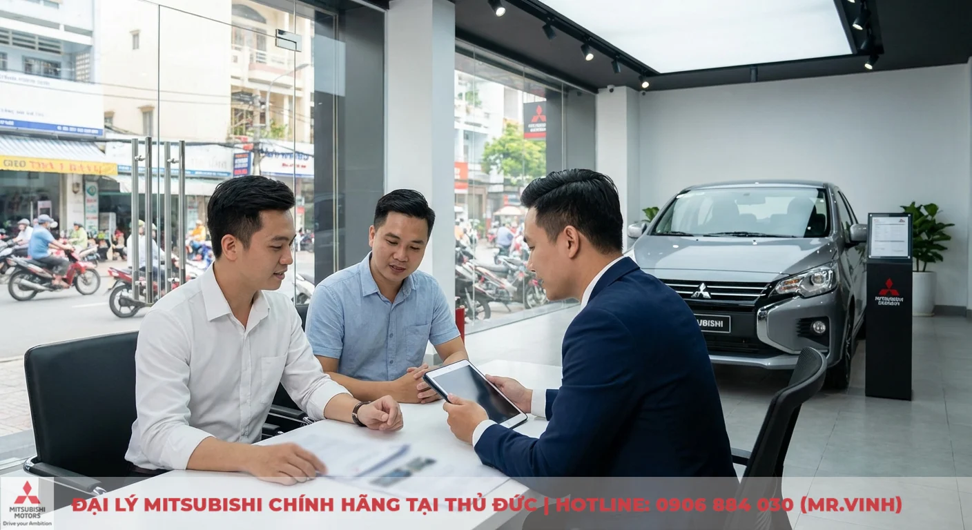 Màu xe Attrage 2026: Cập nhật các màu hot và chọn theo mệnh 3 Khách hàng mua Attrage 2026 đang được nhân viên Mitsubishi Sài Gòn 3S tư vấn chi tiết tại showroom về hợp đồng và ưu đãi