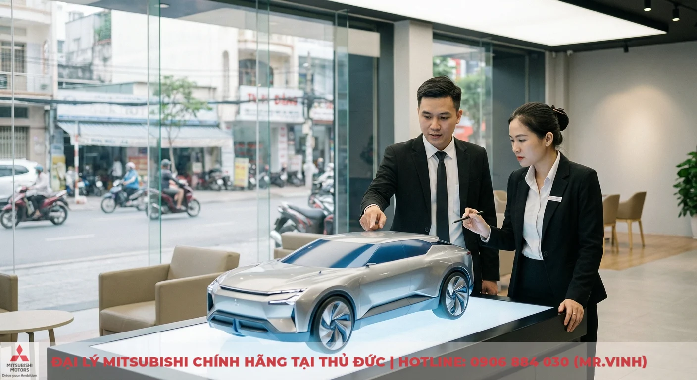 Màu xe Destinator 2026: Dự đoán xu hướng và lựa chọn từ chuyên gia 1 Hai nhân viên showroom đứng cạnh mẫu xe concept màu bạc trên bệ phát sáng, một người chỉ vào xe, trong showroom hiện đại với cửa kính ra đường phố
