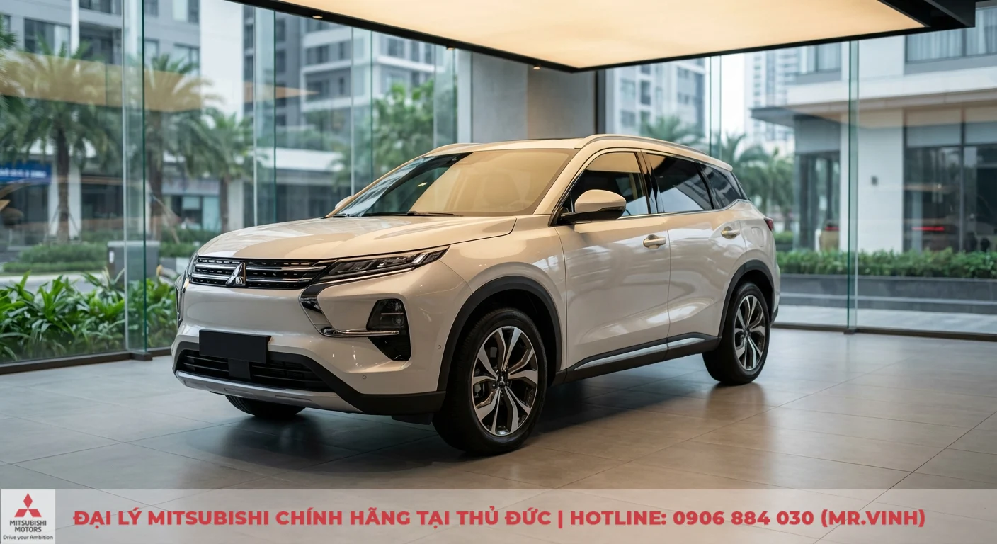 Màu xe Destinator 2026: Dự đoán xu hướng và lựa chọn từ chuyên gia 2 Một chiếc xe SUV Mitsubishi màu trắng ngọc trai được trưng bày trong showroom, qua cửa kính phản chiếu tòa nhà và cây cọ