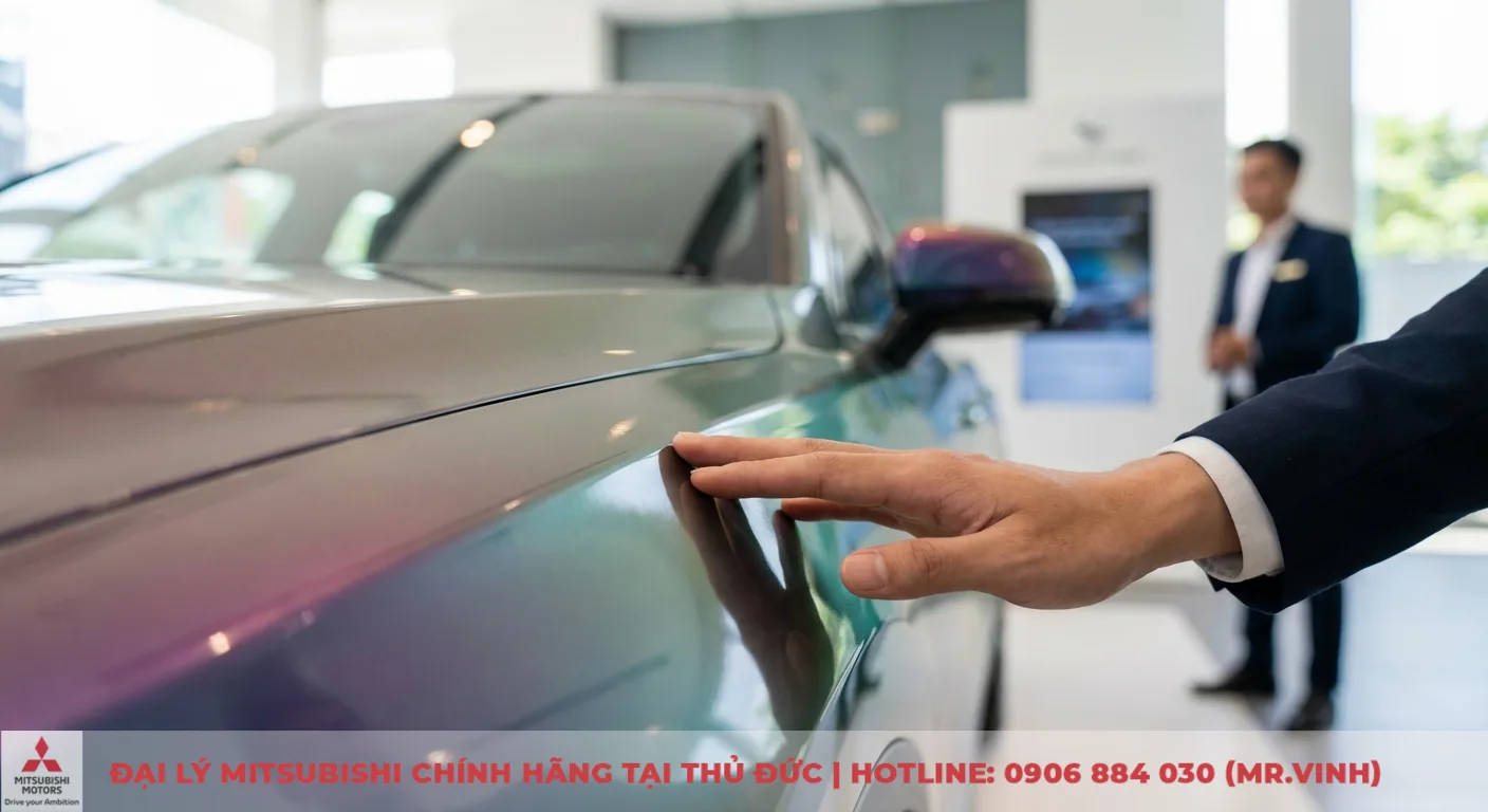 Màu xe Destinator 2026: Dự đoán xu hướng và lựa chọn từ chuyên gia 4 Bàn tay người mặc vest đang vuốt nhẹ bề mặt xe hơi có lớp sơn chuyển màu độc đáo, thể hiện công nghệ sơn xe tương lai