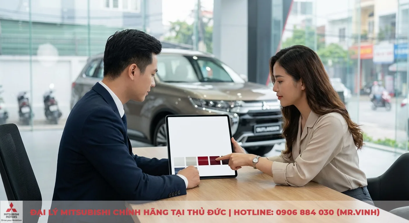 Màu xe Destinator 2026: Dự đoán xu hướng và lựa chọn từ chuyên gia 5 Hai người đang thảo luận về lựa chọn màu xe Mitsubishi trên máy tính bảng trong showroom bán xe ô tô