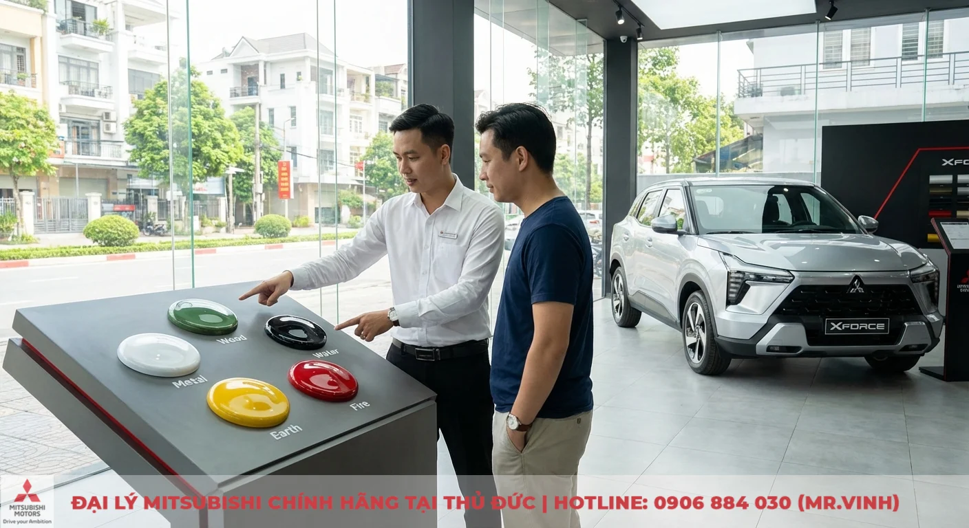 Nh&acirc;n vi&ecirc;n tư vấn bảng m&agrave;u xe Xforce theo phong thủy Kim Mộc Thủy Hỏa Thổ, gi&uacute;p kh&aacute;ch chọn m&agrave;u hợp mệnh