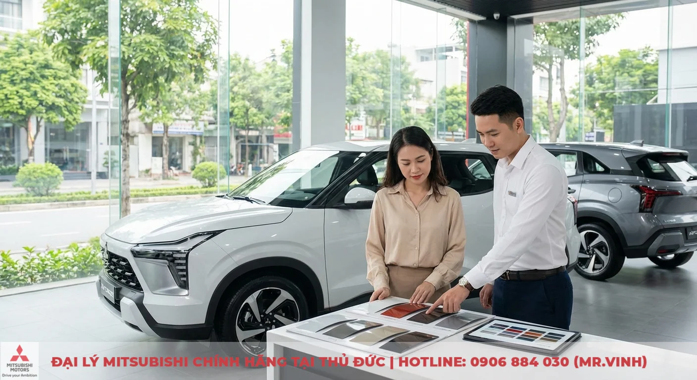 Kh&aacute;ch h&agrave;ng lựa chọn m&agrave;u xe Xforce 2026 c&ugrave;ng chuy&ecirc;n gia tư vấn tr&ecirc;n bảng m&agrave;u sắc đa dạng tại showroom