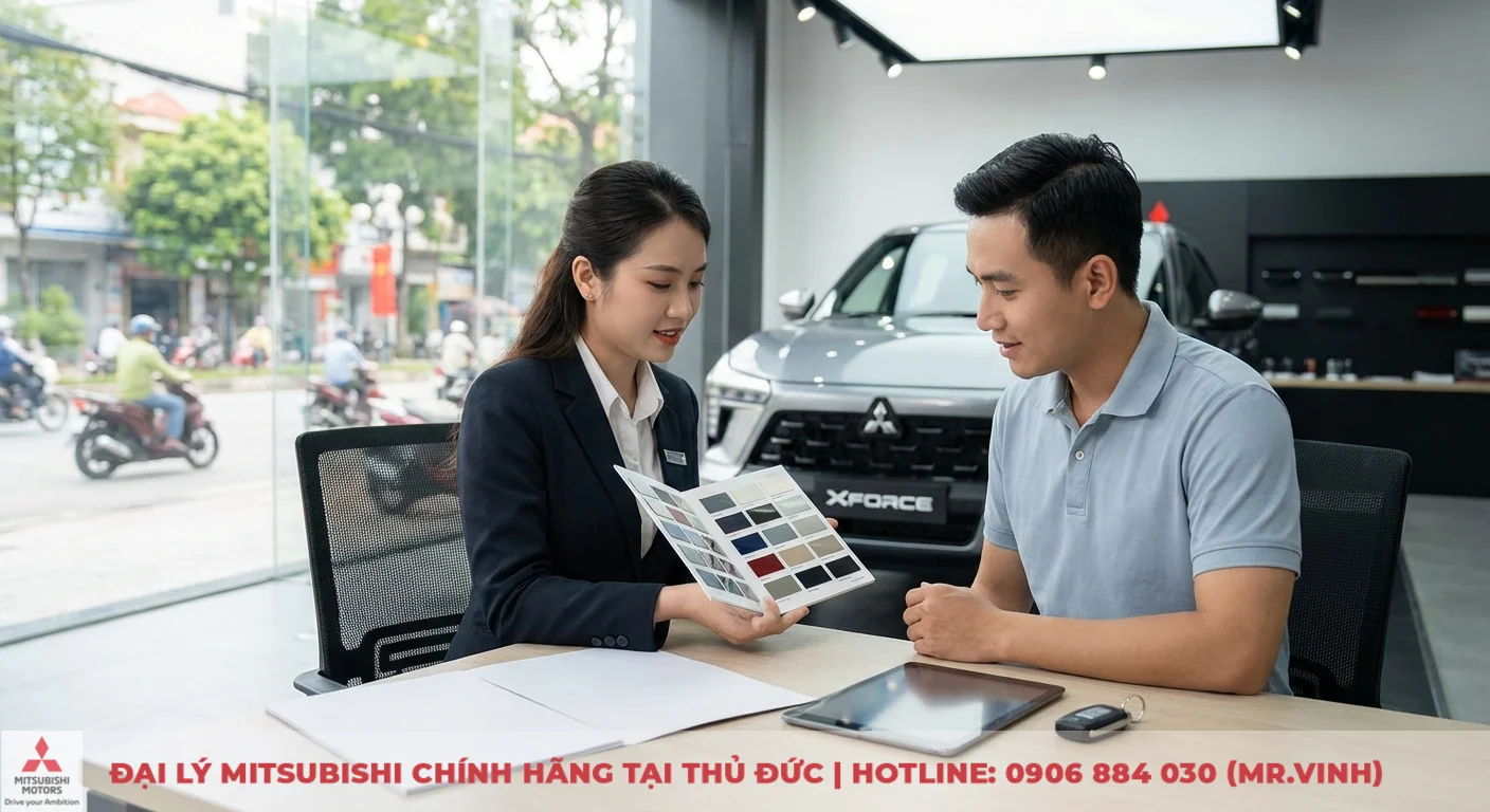 Nh&acirc;n vi&ecirc;n Mitsubishi S&agrave;i G&ograve;n 3S tư vấn bảng m&agrave;u Mitsubishi Xforce 2026 cho kh&aacute;ch h&agrave;ng đặt cọc tại Thủ Đức, TP.HCM