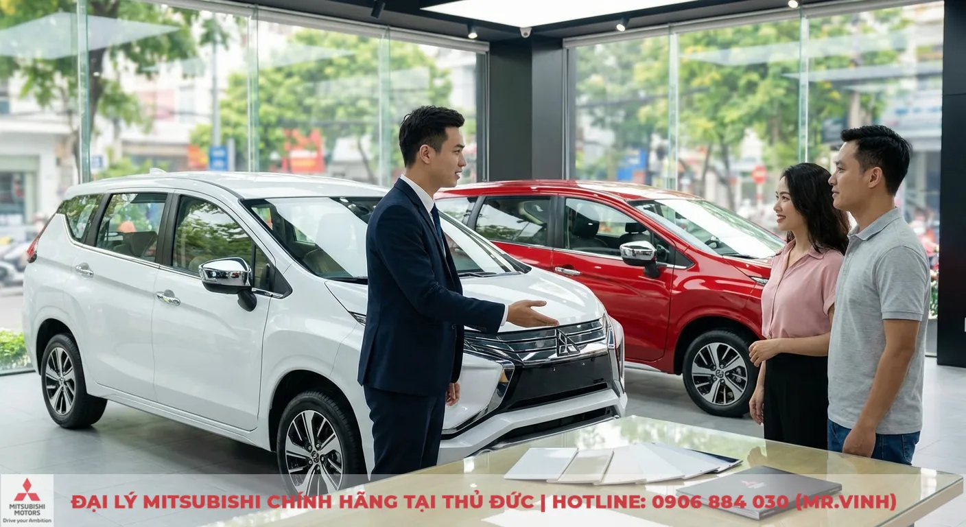 Nh&acirc;n vi&ecirc;n tư vấn giới thiệu m&agrave;u xe Xpander trắng đỏ cho cặp đ&ocirc;i, gi&uacute;p họ chọn m&agrave;u hợp phong thủy v&agrave; c&aacute; t&iacute;nh