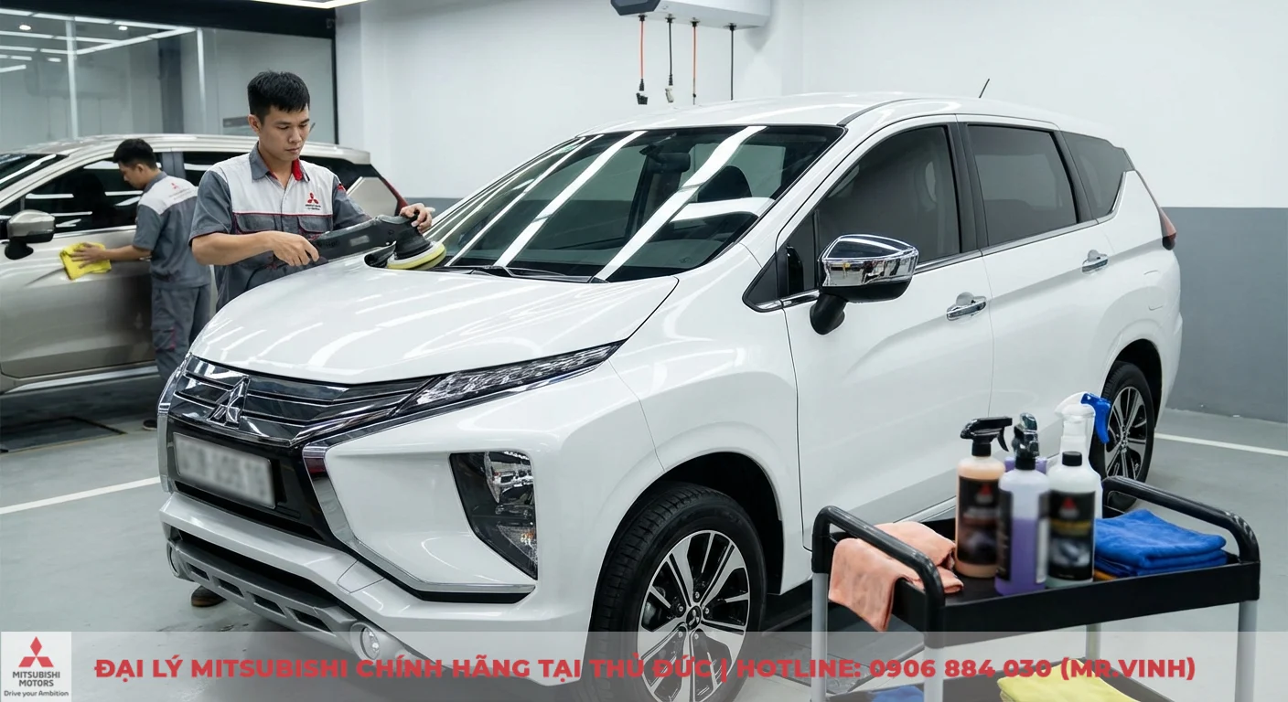 Chăm s&oacute;c m&agrave;u sơn xe Xpander 2026 chuy&ecirc;n nghiệp với nh&acirc;n vi&ecirc;n đang đ&aacute;nh b&oacute;ng xe bằng m&aacute;y, giữ g&igrave;n độ bền đẹp