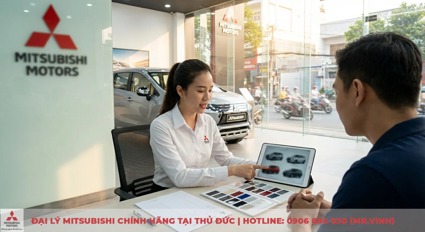 Nh&acirc;n vi&ecirc;n Mitsubishi Saigon 3S tư vấn th&ocirc;ng tin m&agrave;u xe Xpander 2026 qua m&aacute;y t&iacute;nh bảng cho kh&aacute;ch h&agrave;ng