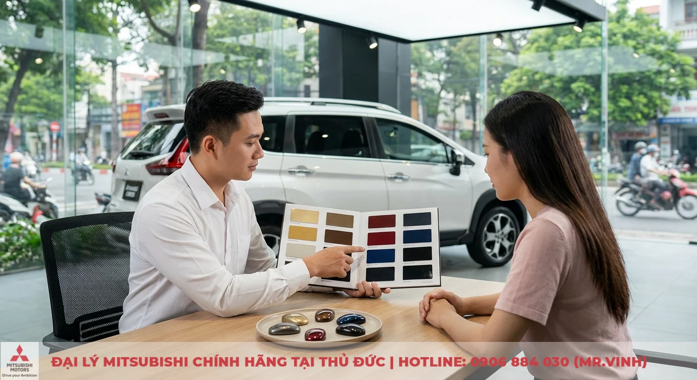 Kh&aacute;ch h&agrave;ng c&ugrave;ng nh&acirc;n vi&ecirc;n tư vấn chọn m&agrave;u xe Xpander Cross 2026 từ bảng m&agrave;u v&agrave; mẫu sơn hợp phong thủy, c&aacute; t&iacute;nh