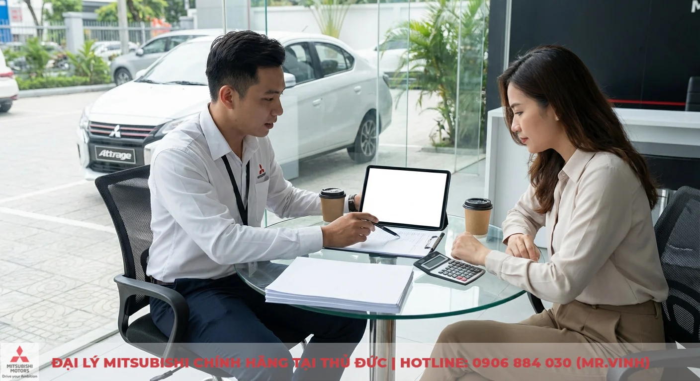 Tư vấn vi&ecirc;n Mitsubishi hướng dẫn kh&aacute;ch h&agrave;ng về gi&aacute; lăn b&aacute;nh trả g&oacute;p của Attrage 2026 ở TP.HCM