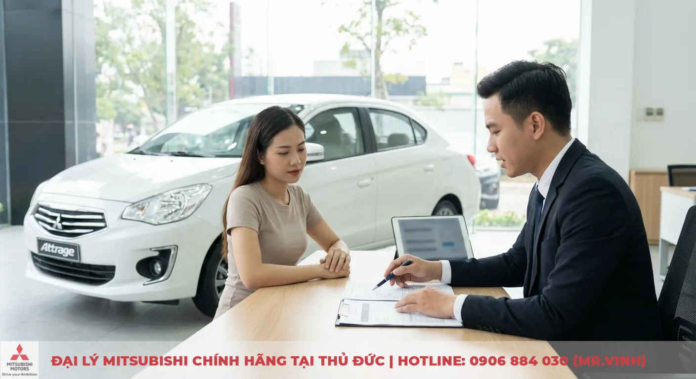 Kh&aacute;ch h&agrave;ng v&agrave; nh&acirc;n vi&ecirc;n tư vấn xem bảng t&iacute;nh Mitsubishi Attrage 2026 trả g&oacute;p chi tiết khoản trả trước, trả h&agrave;ng th&aacute;ng tại showroom