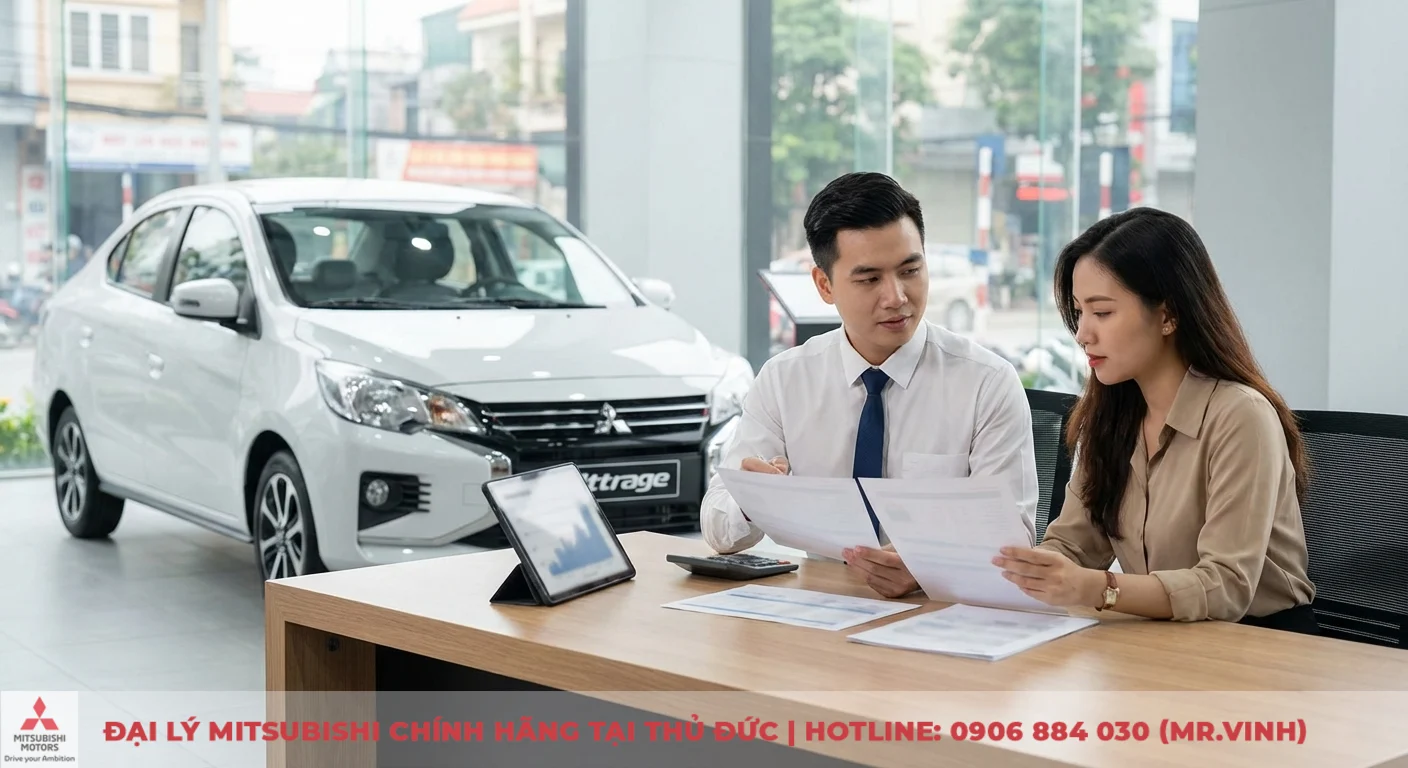 Kh&aacute;ch h&agrave;ng v&agrave; chuy&ecirc;n vi&ecirc;n tư vấn t&agrave;i ch&iacute;nh đang so s&aacute;nh l&atilde;i suất g&oacute;i vay mua xe Attrage từ c&aacute;c ng&acirc;n h&agrave;ng