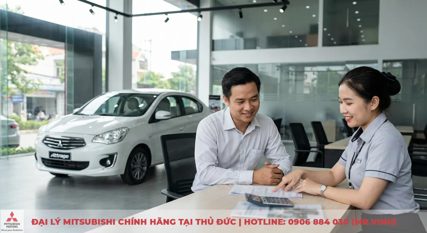 Kh&aacute;ch h&agrave;ng được chuy&ecirc;n vi&ecirc;n Mitsubishi Saigon 3S tư vấn ưu đ&atilde;i đặc biệt Attrage trả g&oacute;p tại TP.HCM