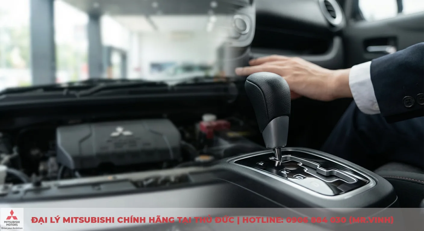 Cần số hộp số v&ocirc; cấp CVT v&agrave; động cơ MIVEC 1.2L của Mitsubishi Attrage CVT 2026 cải tiến