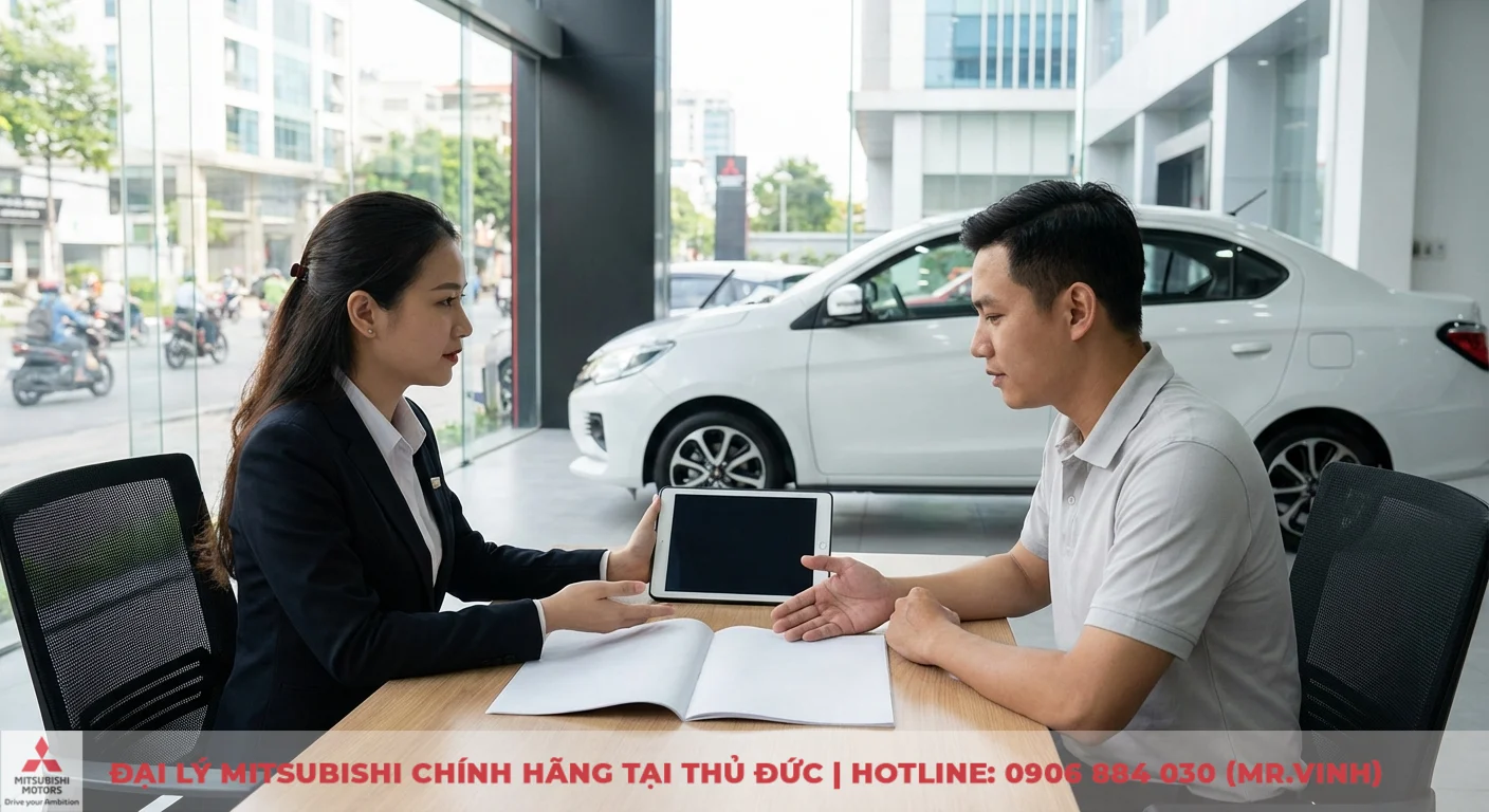 Mitsubishi Attrage m&agrave;u trắng được tư vấn về hệ thống an to&agrave;n v&agrave; t&iacute;nh năng nổi bật trong showroom