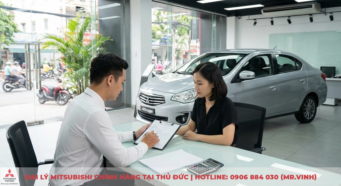 Kh&aacute;ch h&agrave;ng v&agrave; nh&acirc;n vi&ecirc;n đại l&yacute; Mitsubishi trao đổi hợp đồng mua Attrage CVT 2026, t&iacute;nh gi&aacute; lăn b&aacute;nh v&agrave; ưu đ&atilde;i trả g&oacute;p tại TP.HCM
