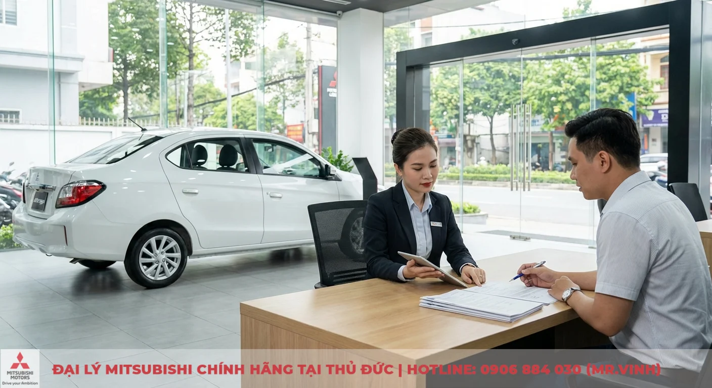 Mitsubishi Attrage MT 2026: Cập nhật giá, lăn bánh và trang bị mới 2 Khách hàng hoàn tất thủ tục mua xe Mitsubishi Attrage MT 2026, tư vấn viên hỗ trợ các chương trình khuyến mãi