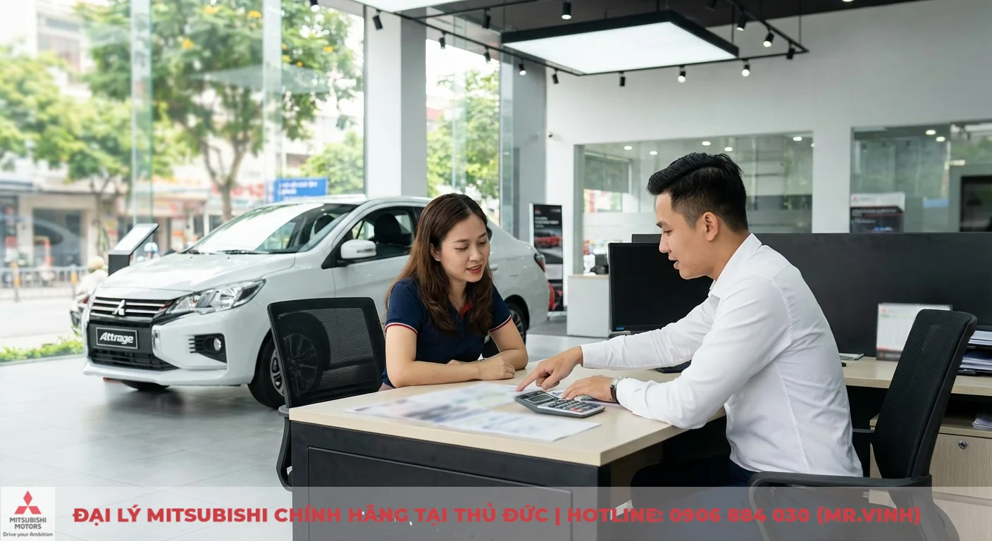 Mitsubishi Attrage MT 2026: Cập nhật giá, lăn bánh và trang bị mới 3 Nhân viên tư vấn dùng máy tính giải thích chi phí lăn bánh Mitsubishi Attrage MT 2026 cho khách hàng tại showroom