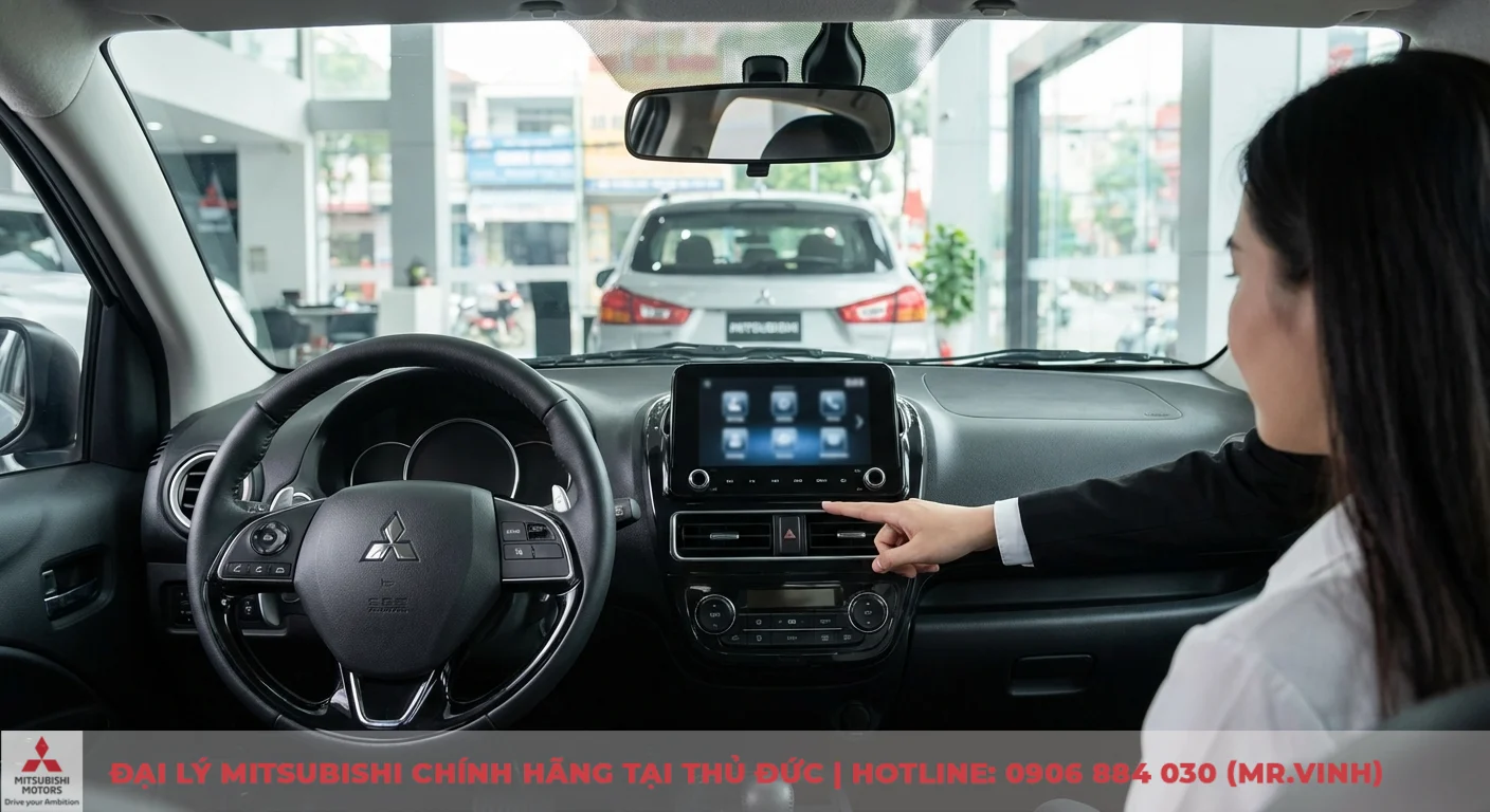 Mitsubishi Attrage MT 2026: Cập nhật giá, lăn bánh và trang bị mới 5 Khoang lái Mitsubishi Attrage MT 2026 với màn hình cảm ứng trung tâm và vô lăng tích hợp nút điều khiển tiện nghi