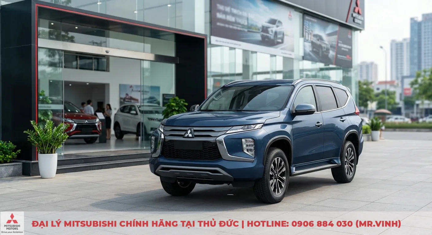 Chiếc SUV Mitsubishi mới m&agrave;u xanh lam đỗ tại quảng trường trước đại l&yacute; Mitsubishi hiện đại, c&oacute; người v&agrave; xe kh&aacute;c b&ecirc;n trong